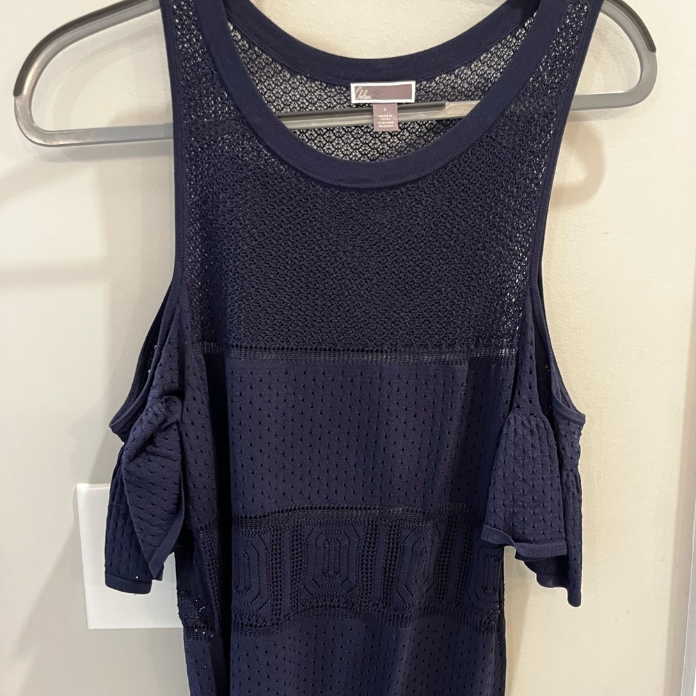 Navy blouse with off the shoulder ruffles by Chelsea 28